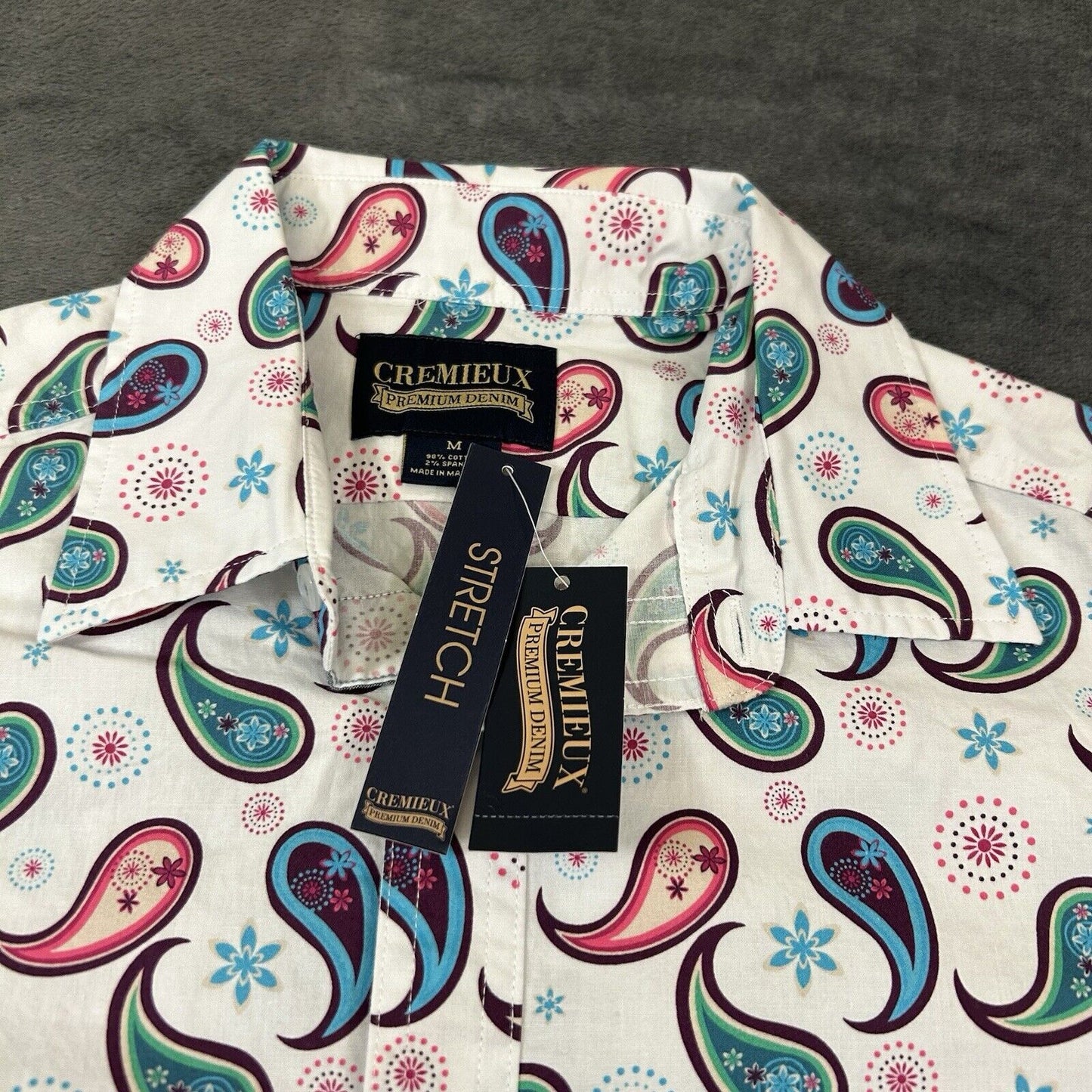 Cremieux Shirt Mens Medium White Paisley Loud Button Up Short Sleeve Stretch NEW