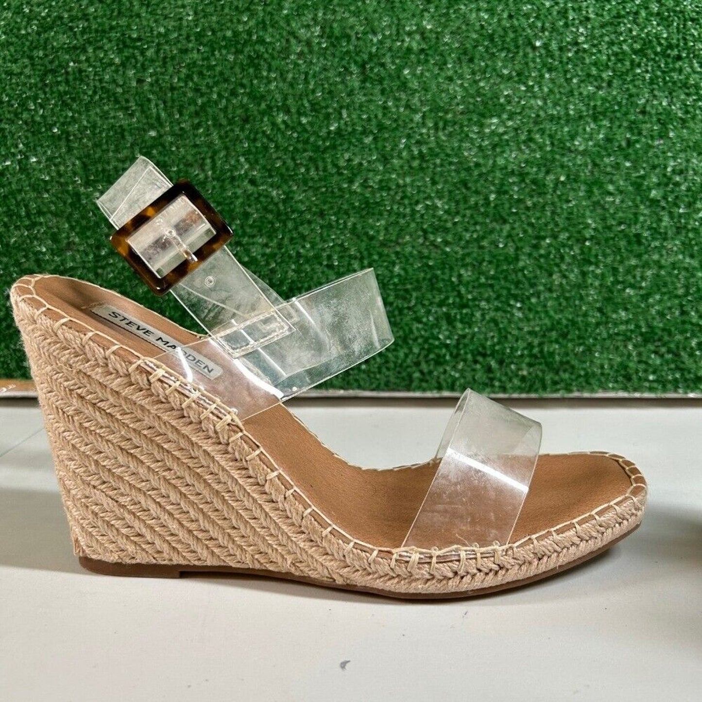 Steve Madden Uri Espadrille Wedge Sandals Clear Straps Buckle Heels Womens 10