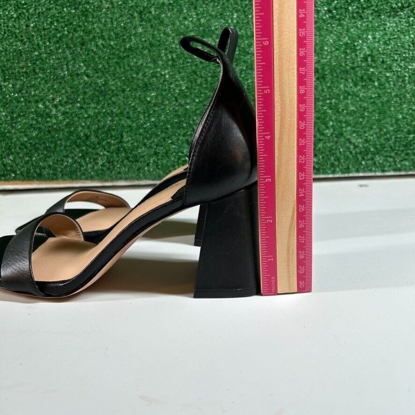 Antonio Melani Black Leather Block Heel Sandals Square Toe Slip On Womens 6.5M