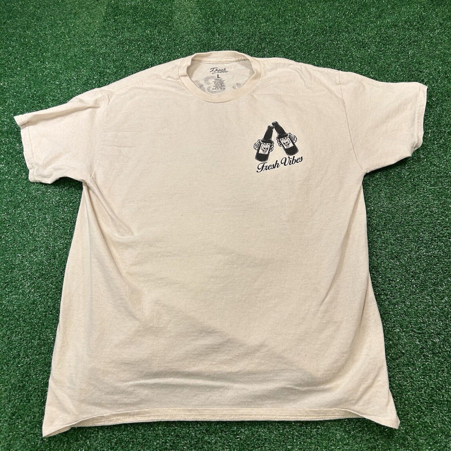 Fresh Vibes Shirt Mens Large Beige Short Sleeve Skulls Beer Skeleton Graphic Tee