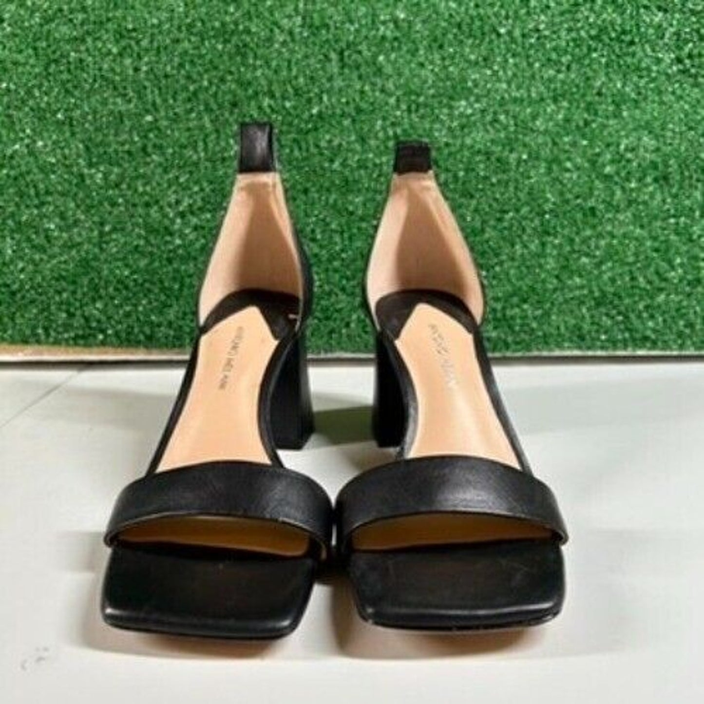 Antonio Melani Black Leather Block Heel Sandals Square Toe Slip On Womens 6.5M