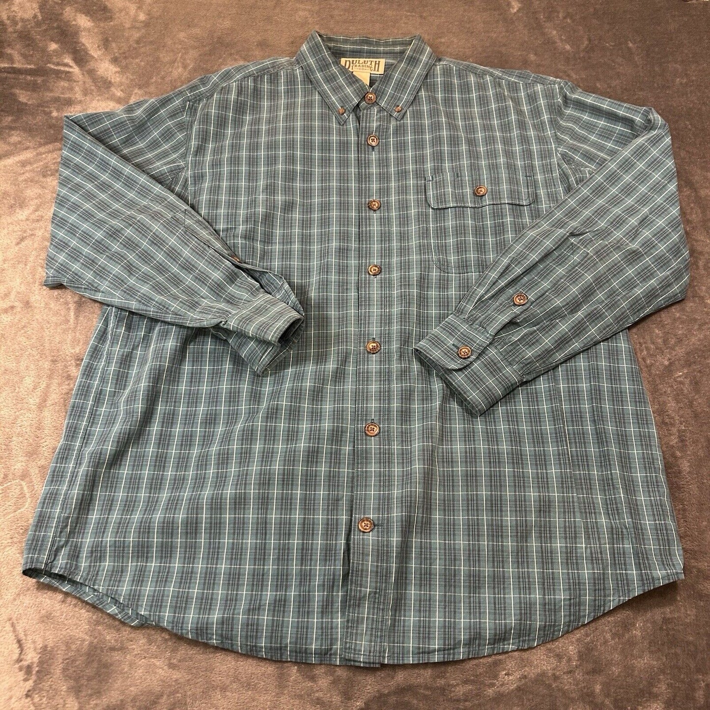 Duluth Trading Shirt Men Large Turquoise Check Preppy Button Up Long Sleeve Work
