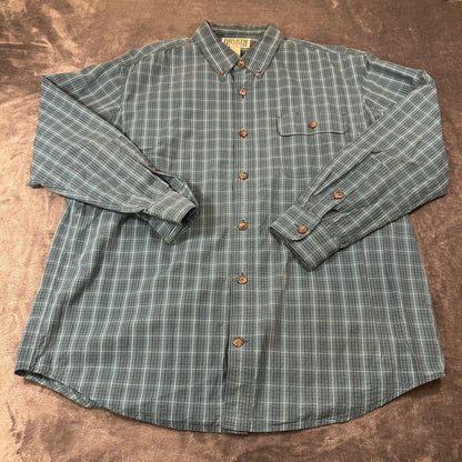 Duluth Trading Shirt Men Large Turquoise Check Preppy Button Up Long Sleeve Work