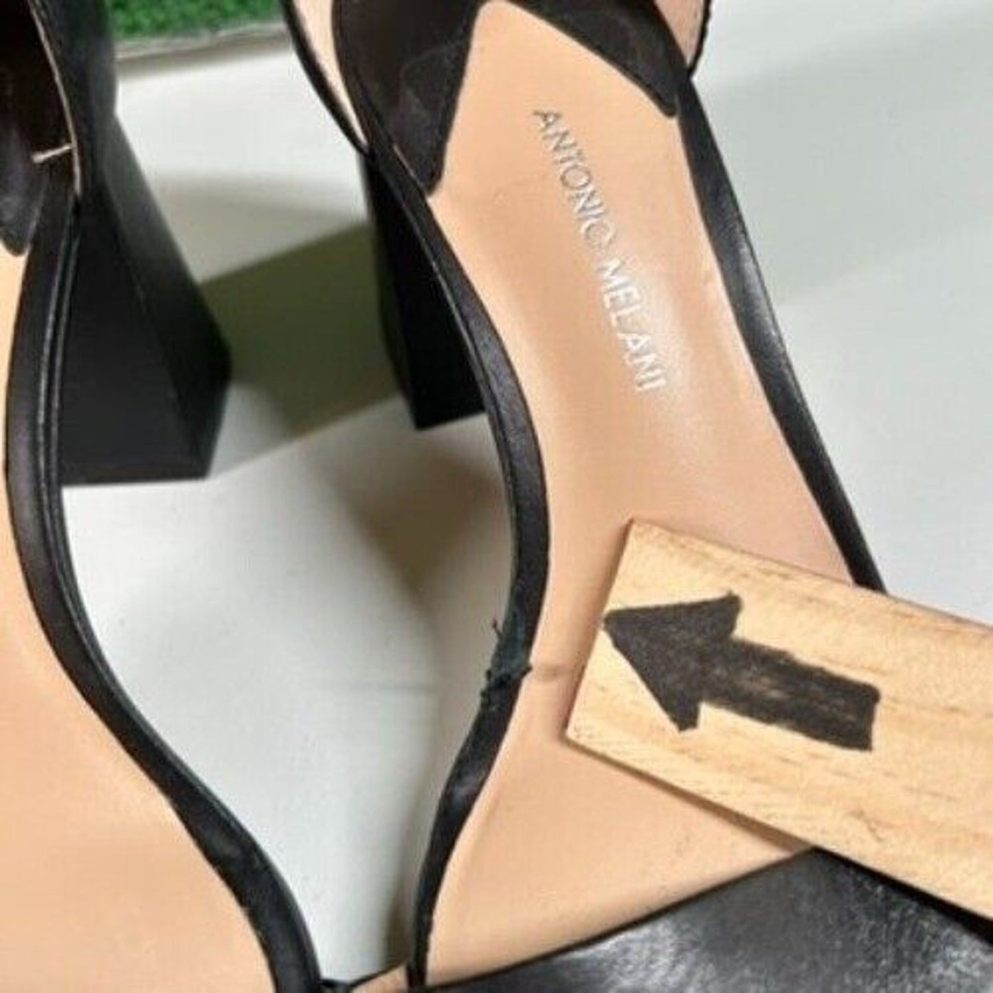 Antonio Melani Black Leather Block Heel Sandals Square Toe Slip On Womens 6.5M