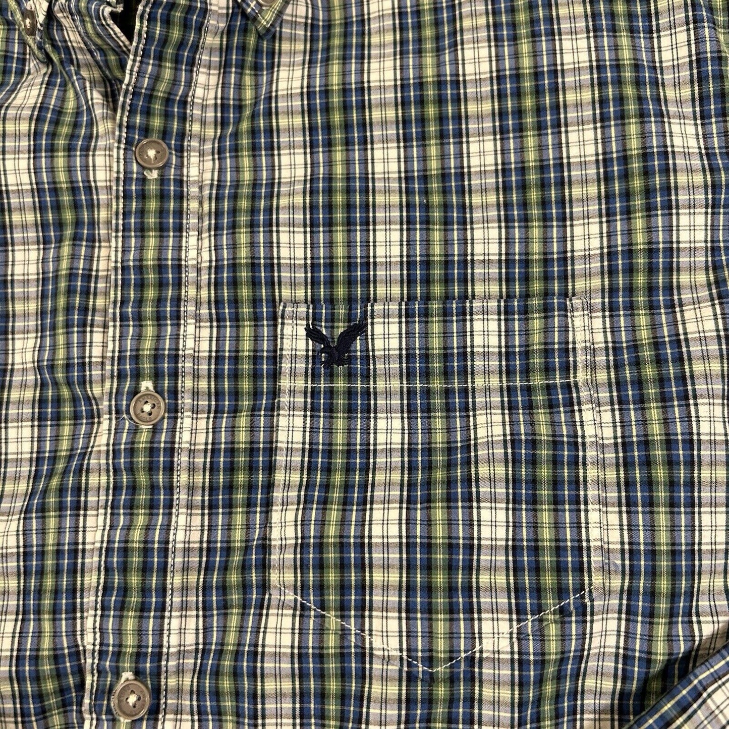 American Eagle Shirt Mens Medium Blue Green Plaid Button Up Long Sleeve Y2K