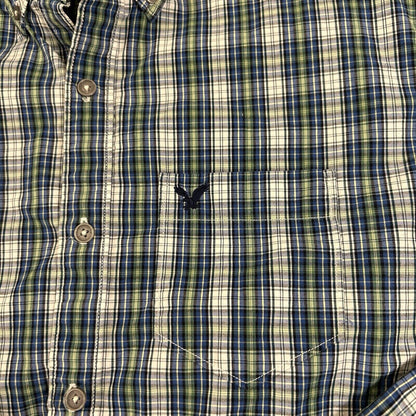 American Eagle Shirt Mens Medium Blue Green Plaid Button Up Long Sleeve Y2K