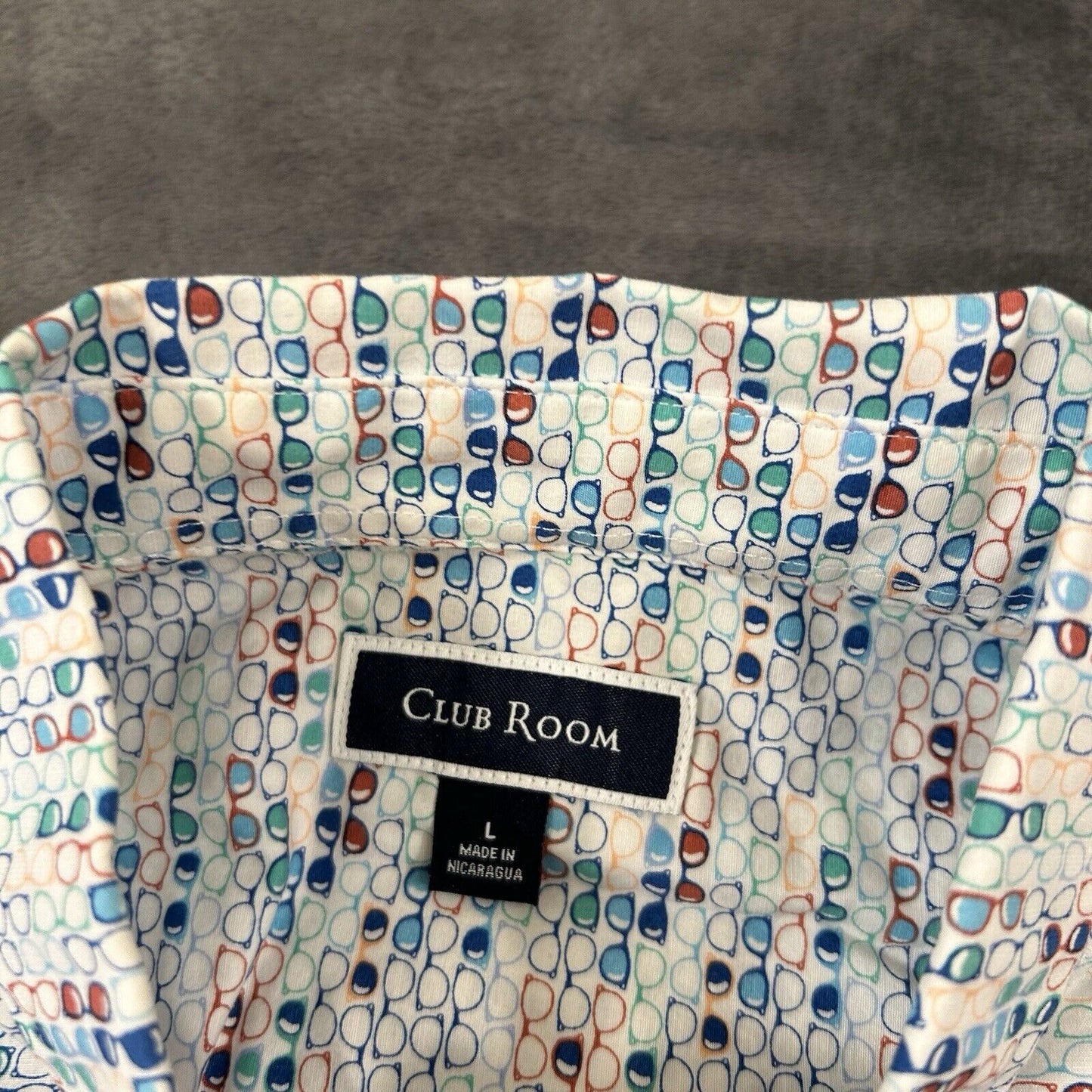 Club Room Shirt Mens Large White Glasses Graphic Button Up Short Sleeve AOP