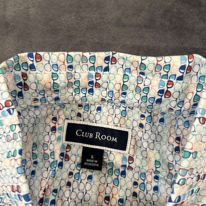 Club Room Shirt Mens Large White Glasses Graphic Button Up Short Sleeve AOP