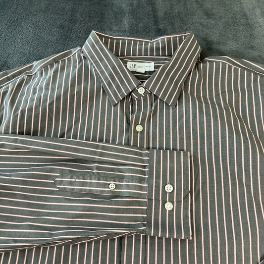 Gap Shirt Mens XXL 2XL Pink Gray Striped Button Up Long Sleeve Work Colorful