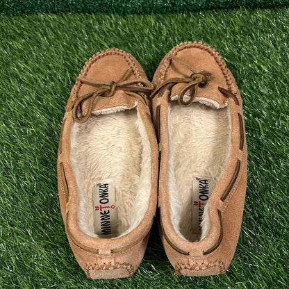 Minnetonka Moccasins Womens 8 M Brown Leather Suede Shoes Slipper Fur Lined