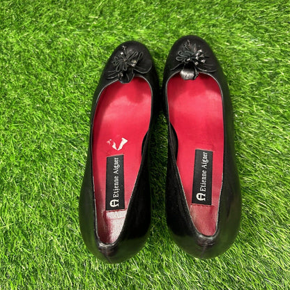 Etienne Aigner Heels Womens 7.5 M Black Pumps Leahter Casual Work Flower Preppy