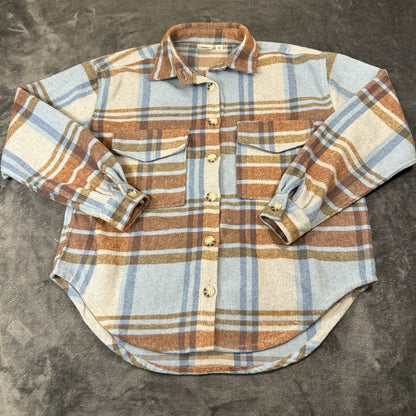 Ford Bronco Flannel Shirt Womens Extra Small Blue Plaid Button Up Long Sleeve