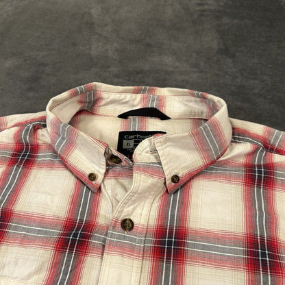 Carhartt Shirt Mens Extra Large White Red Plaid Button Up Short Sleeve Flap