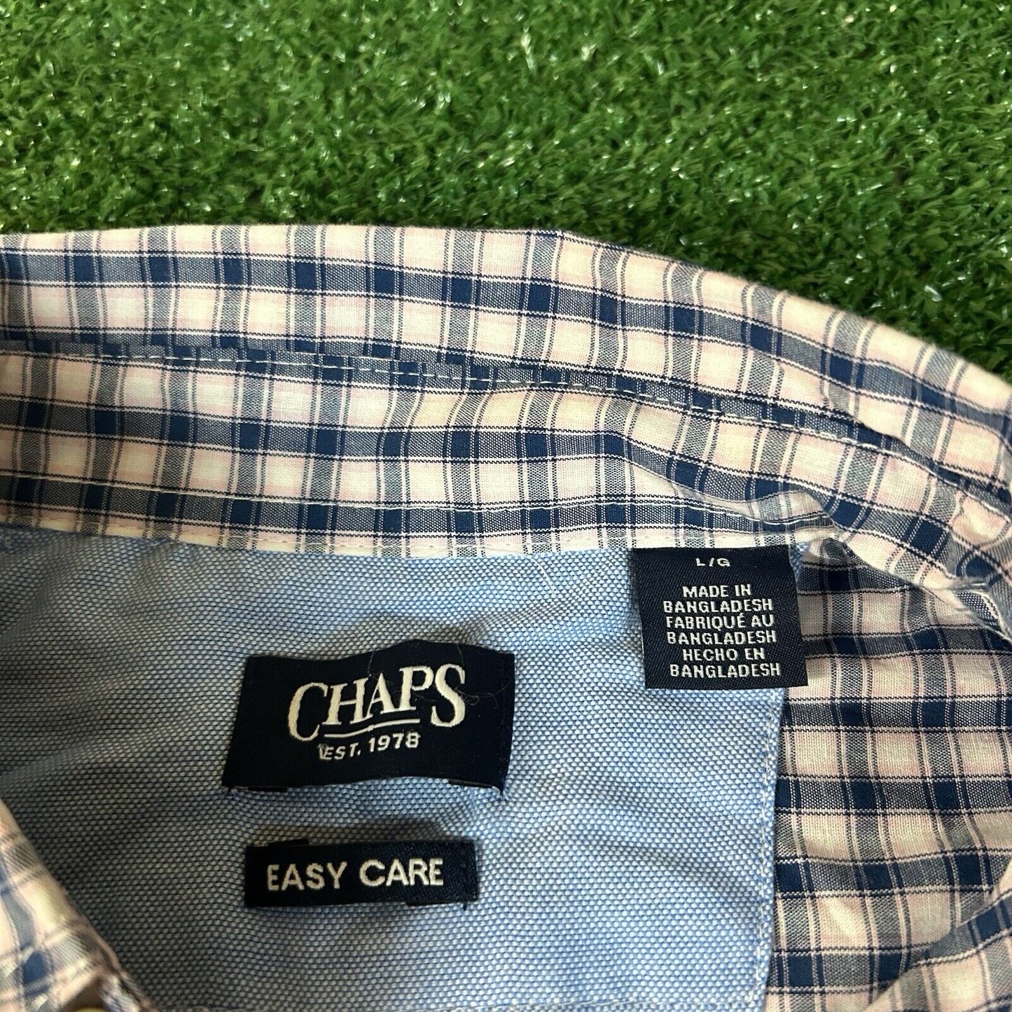 Chaps Shirt Mens Large Blue Pink Check Easy Care Button Up Long Sleeve New