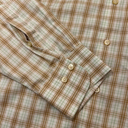 Peter Millar Shirt Mens Large Brown White Plaid Button Up Long Sleeve Casual