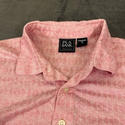 Jos A Bank Polo Shirt Mens Medium Pink White Diamond Short Sleeve Golf Work