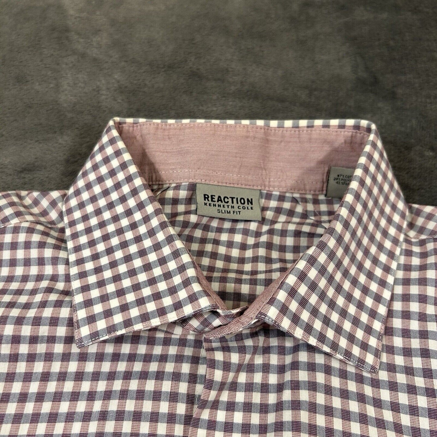 Kenneth Cole Dress Shirt Mens 16 34/35 Purple Blue Check Button Up Slim Fit