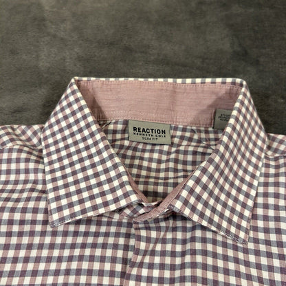 Kenneth Cole Dress Shirt Mens 16 34/35 Purple Blue Check Button Up Slim Fit