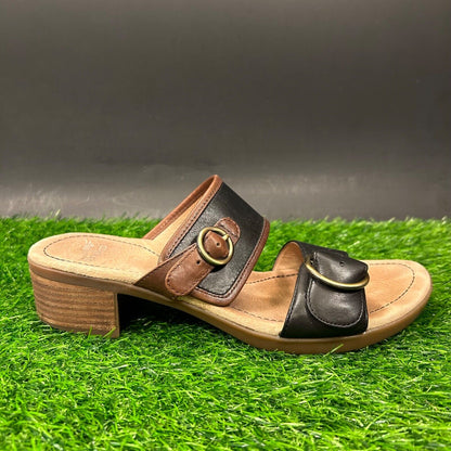 Dansko Lenny Sandals Womens 10.5 Black Brown Leather Double Strap Casual Comfort