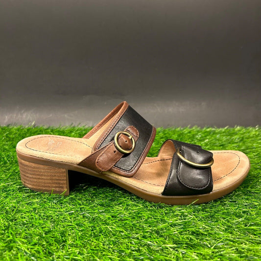 Dansko Lenny Sandals Womens 10.5 Black Brown Leather Double Strap Casual Comfort