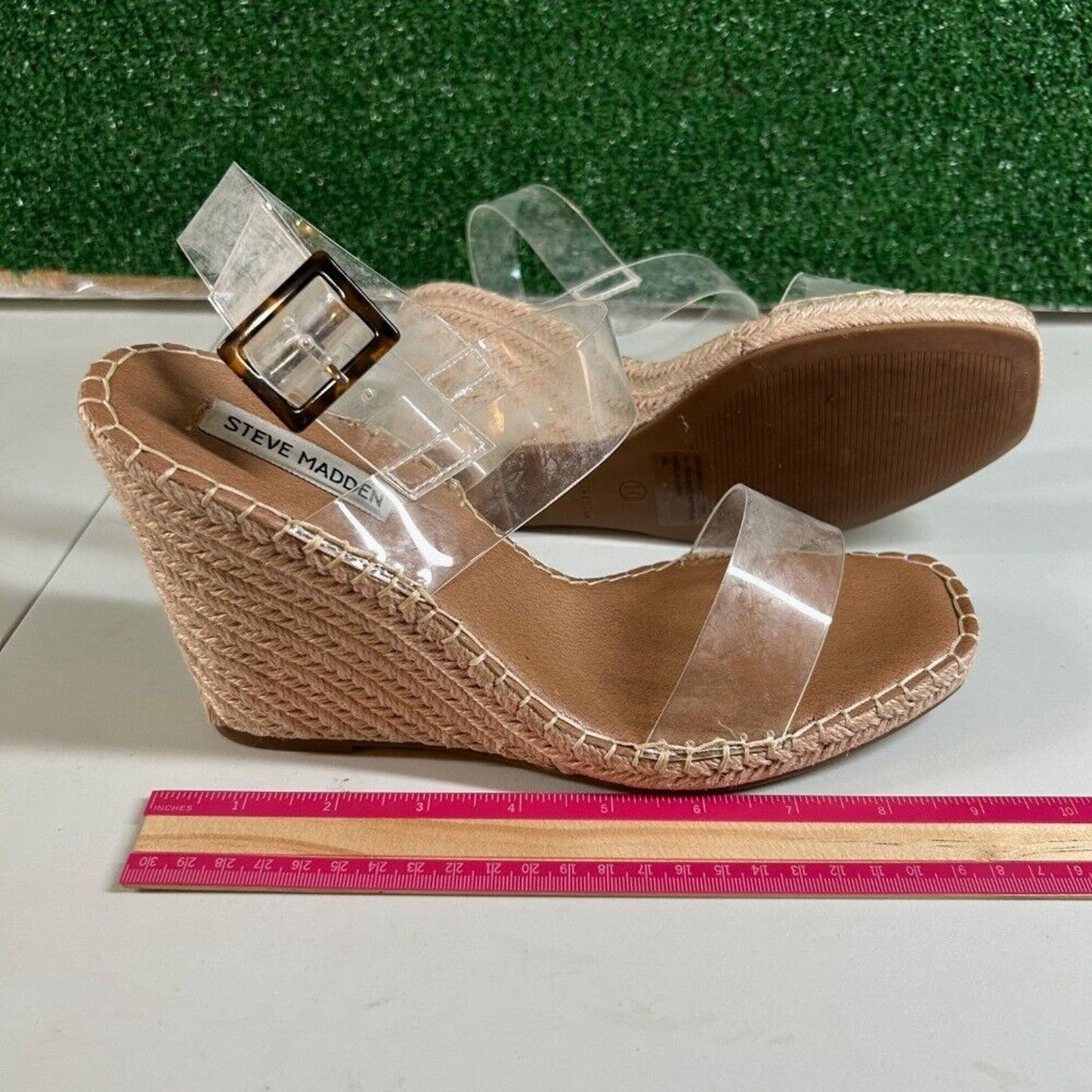 Steve Madden Uri Espadrille Wedge Sandals Clear Straps Buckle Heels Womens 10