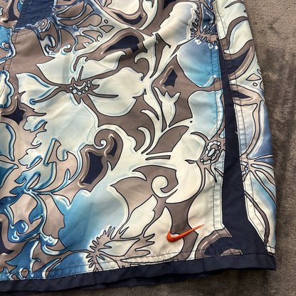 Nike Swim Trunks Mens Large Blue Gray Floral Swimwear Bottoms Board Shorts Beach