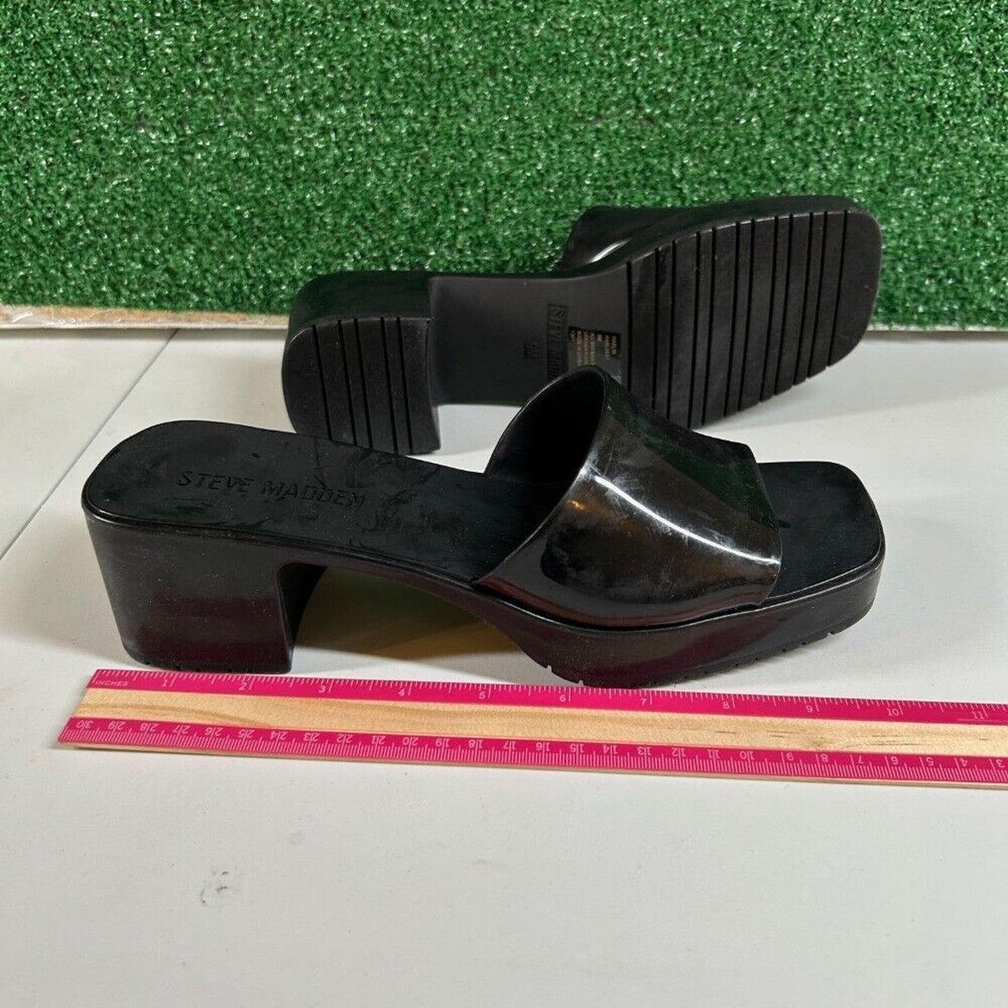 Steve Madden Harlin Platform Sandals Block Heel Slide On Mule Black Womens 9