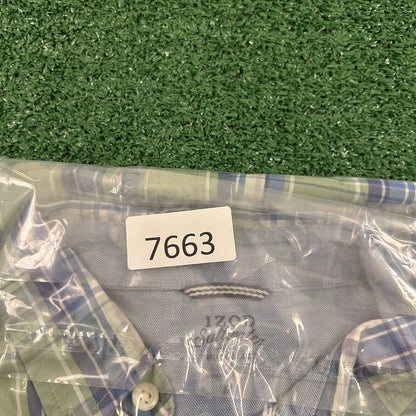 Izod Saltwater Shirt Mens Medium Green Blue Plaid Relaxed Button Up Short Sleeve