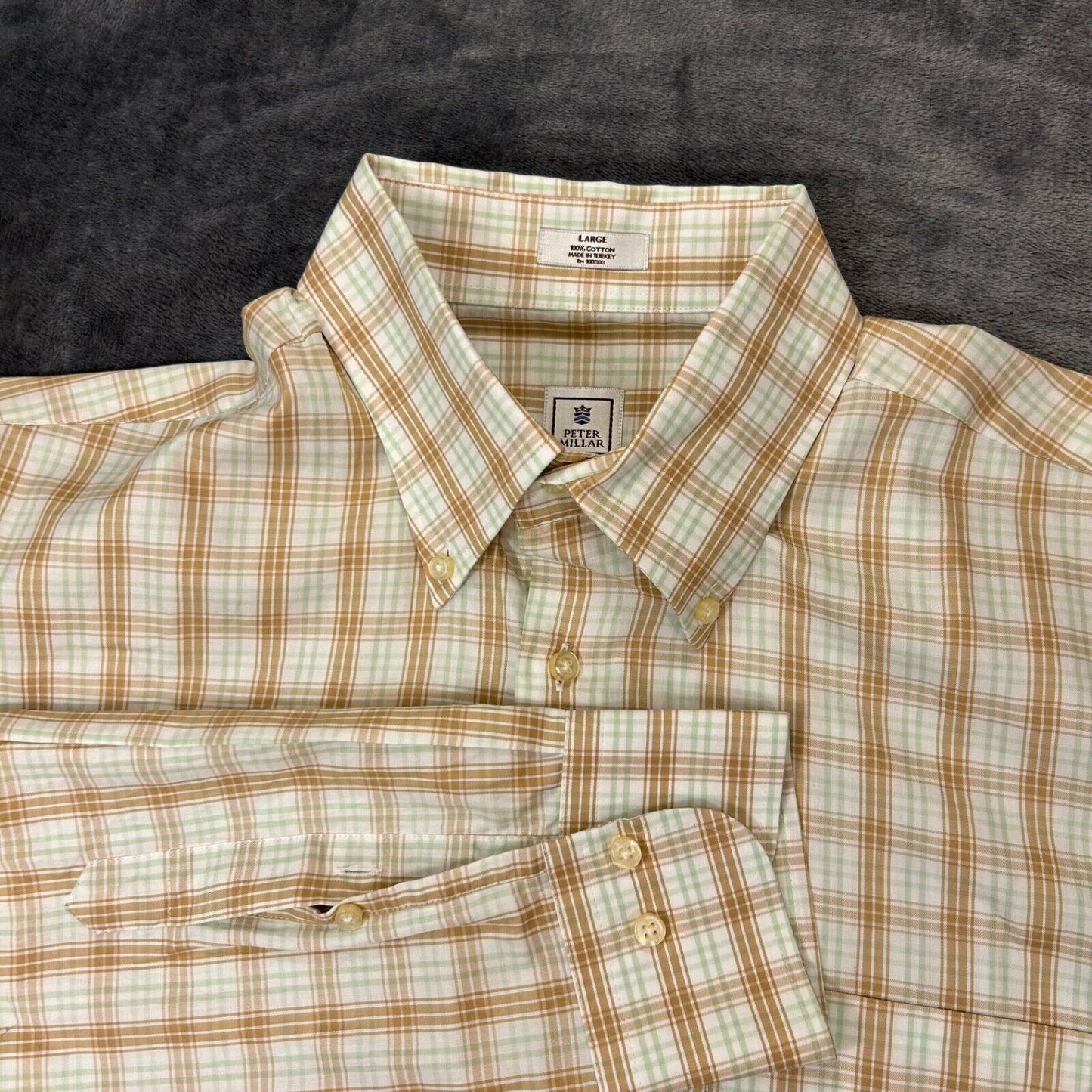 Peter Millar Shirt Mens Large Brown White Plaid Button Up Long Sleeve Casual