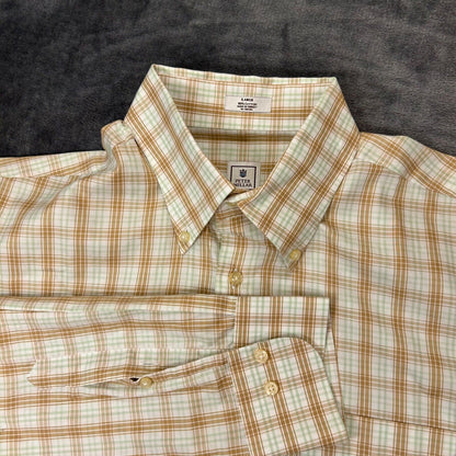 Peter Millar Shirt Mens Large Brown White Plaid Button Up Long Sleeve Casual