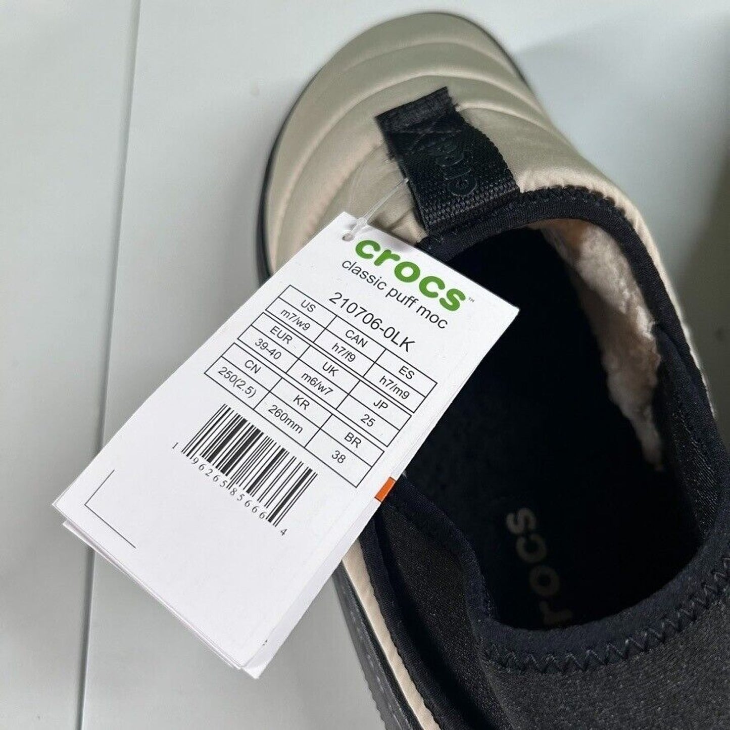 Crocs Classic Puff Mocs Beige Black Slip On Casual Comfort Shoes Womens 9 New