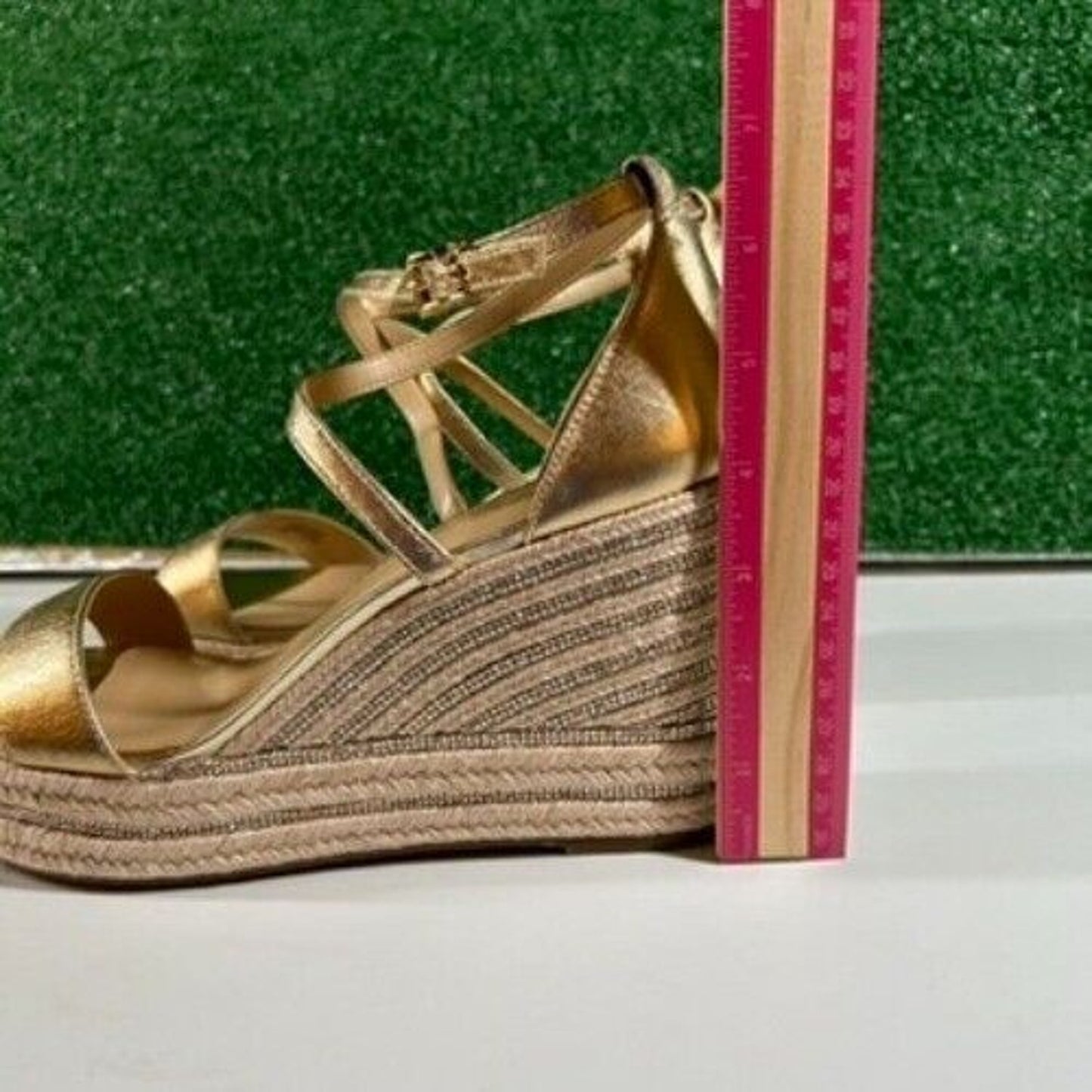 Michael Kors Kayla Metallic Leather Rhinestone Espadrille Wedge Sandals Women 10