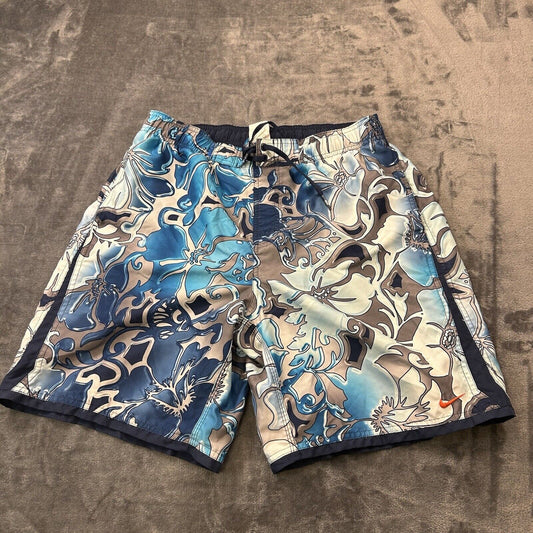 Nike Swim Trunks Mens Large Blue Gray Floral Swimwear Bottoms Board Shorts Beach