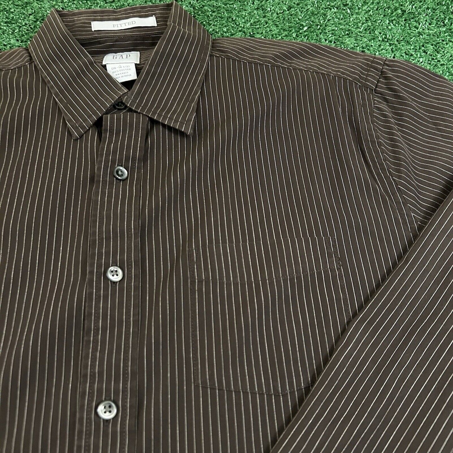 Gap Shirt Mens Large Brown White Striped Fitted Button Up Long Sleeve Casual