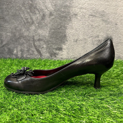 Etienne Aigner Heels Womens 7.5 M Black Pumps Leahter Casual Work Flower Preppy