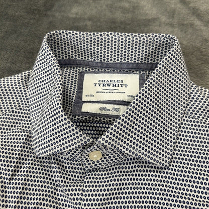 Charles Tyrwhitt Shirt Mens 16.5 35 Blue White Geometric Button Up Long Sleeve
