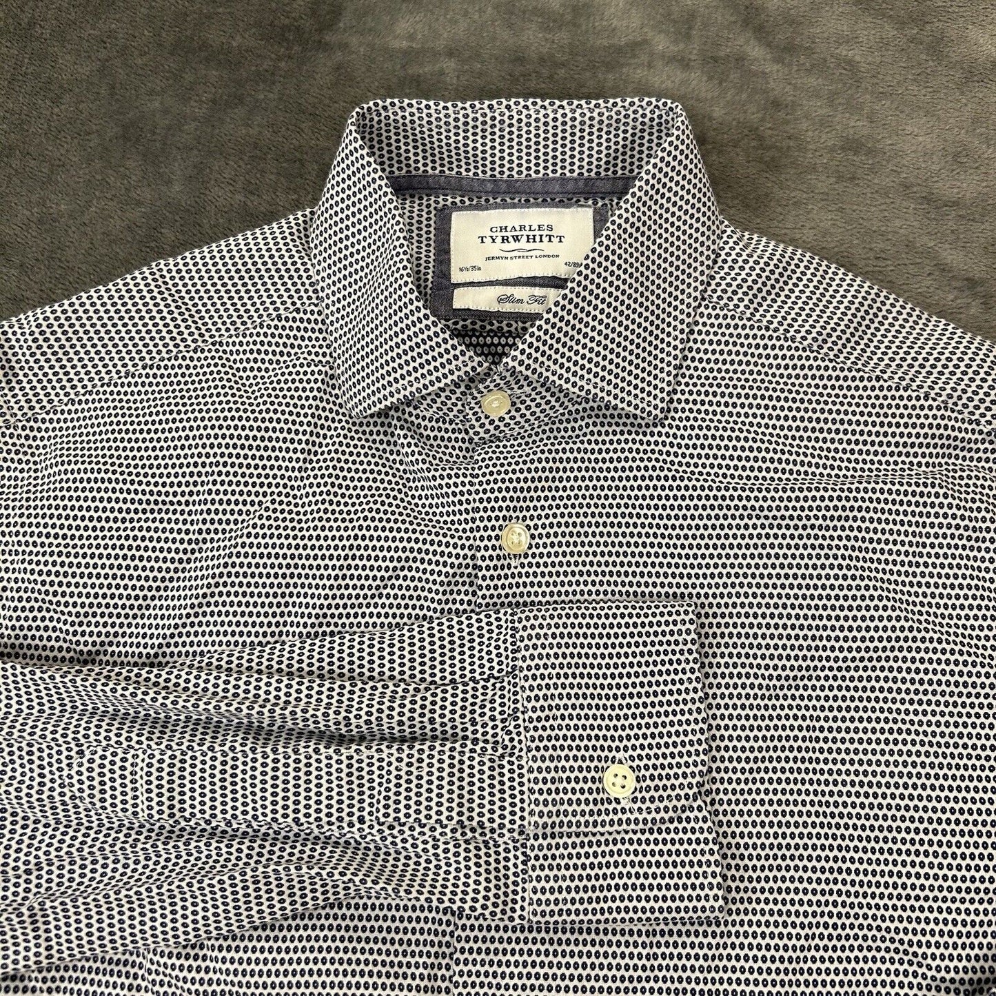 Charles Tyrwhitt Shirt Mens 16.5 35 Blue White Geometric Button Up Long Sleeve