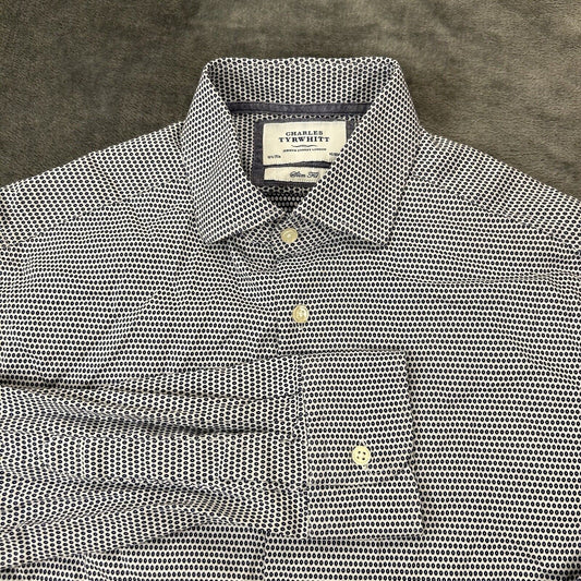 Charles Tyrwhitt Shirt Mens 16.5 35 Blue White Geometric Button Up Long Sleeve