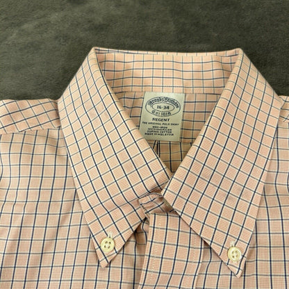 Brooks Brothers Shirt Mens 16 35 Pink Blue Check Button Up Long Sleeve Regent