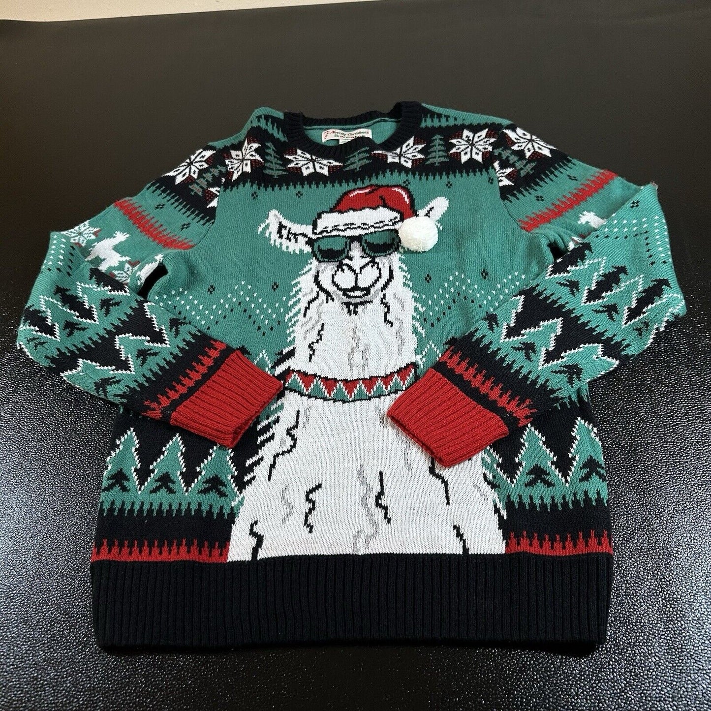 Novelty Christmas Sweater Mens Medium Green Black Llama Sweatshirt Pullover NEW