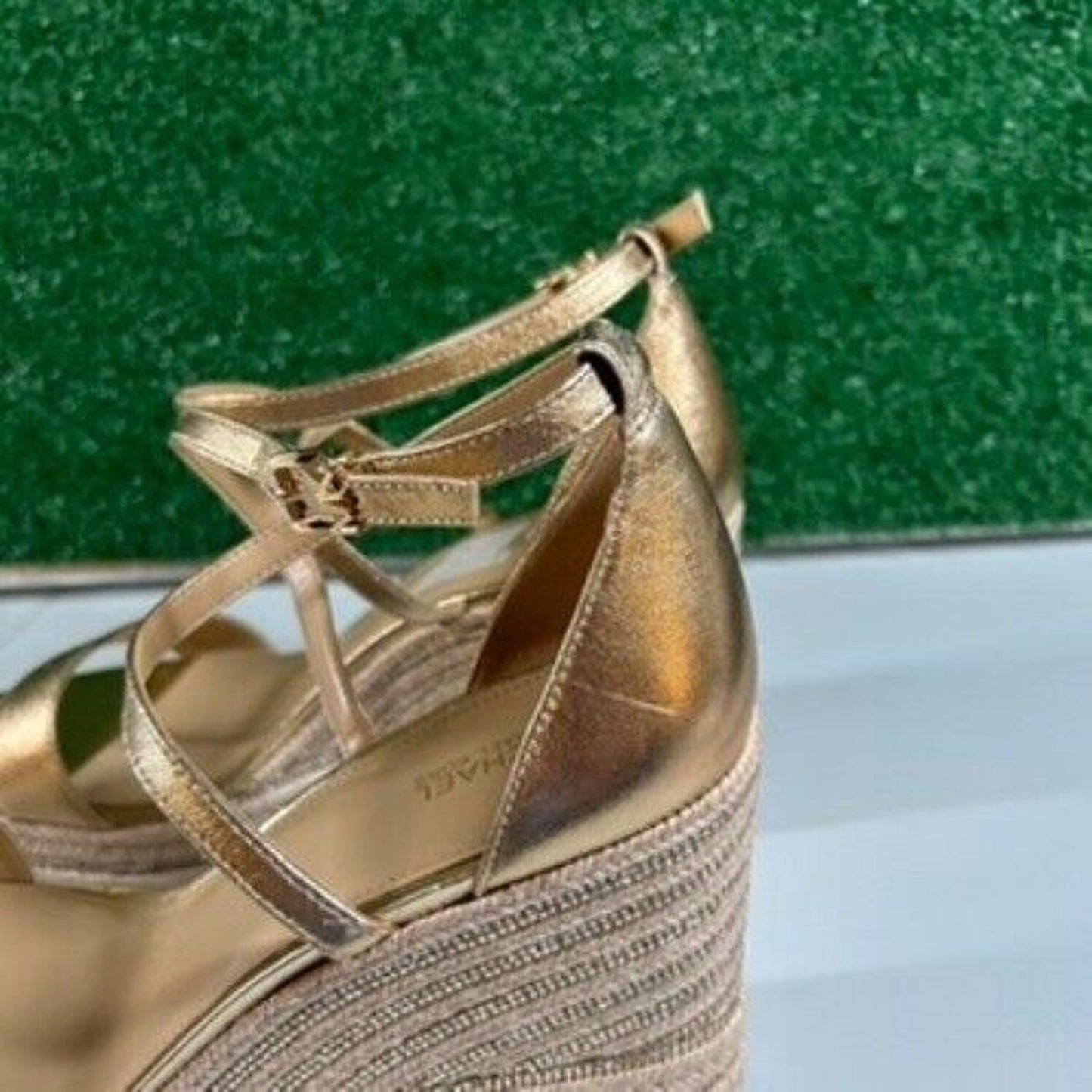 Michael Kors Kayla Metallic Leather Rhinestone Espadrille Wedge Sandals Women 10