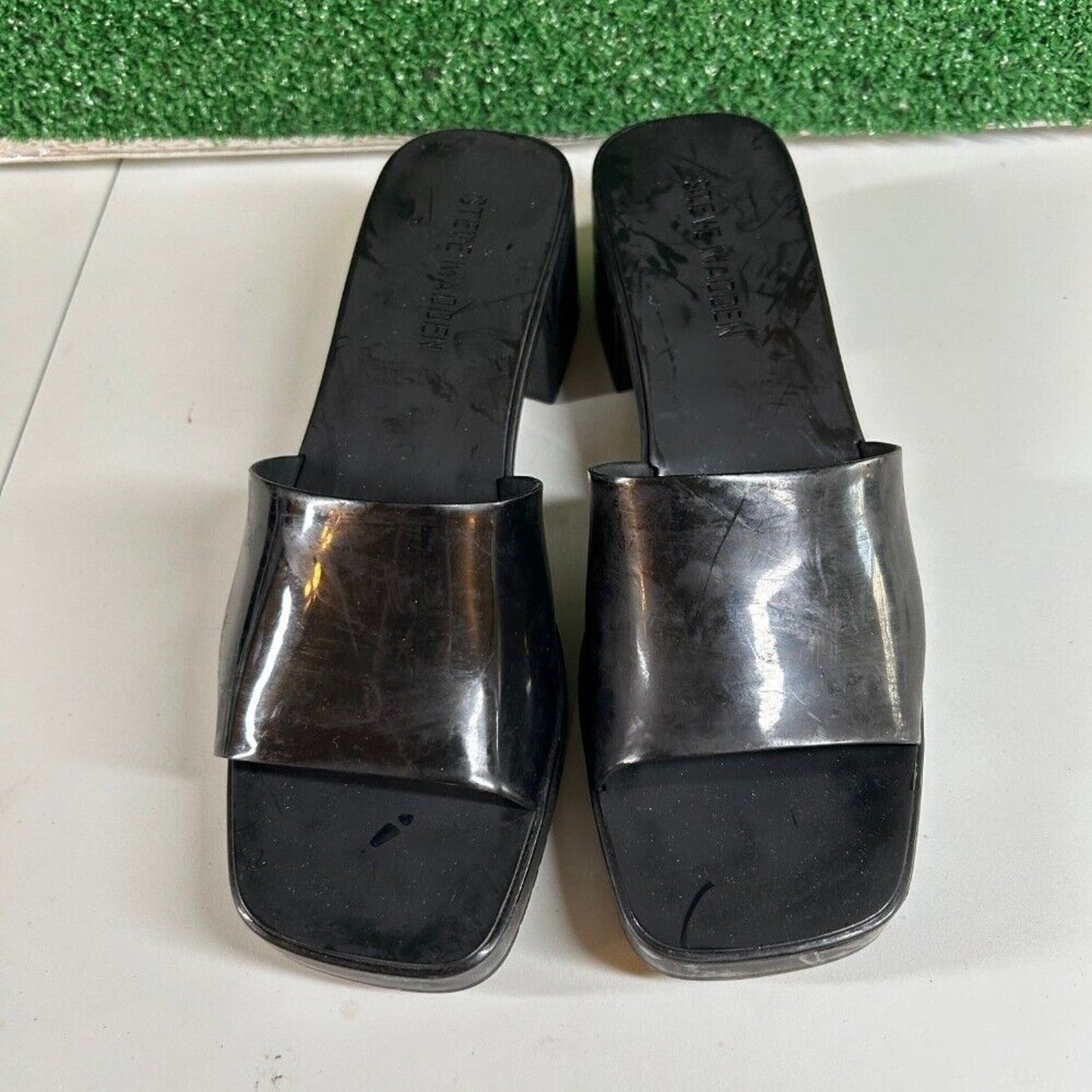 Steve Madden Harlin Platform Sandals Block Heel Slide On Mule Black Womens 9