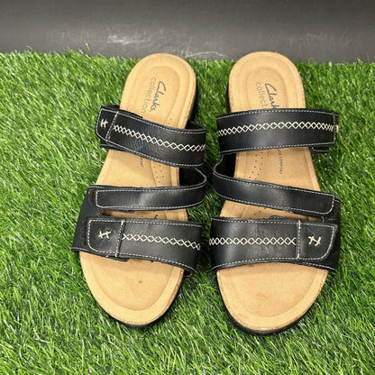 Clarks Roseville Bay Sandals Womens 9.5 M Black Slides Slip On Leather Straps