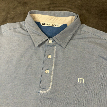 Travis Mathew Polo Shirt Mens Large Blue White Striped Short Sleeve Golf Work