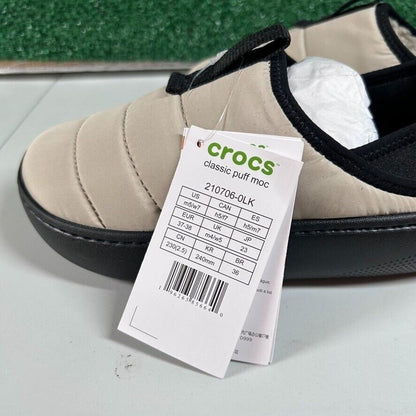 Crocs Classic Puff Mocs Beige Black Slip On Casual Comfort Shoes Womens 7 New