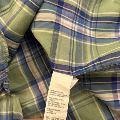 Izod Saltwater Shirt Mens Medium Green Blue Plaid Relaxed Button Up Short Sleeve