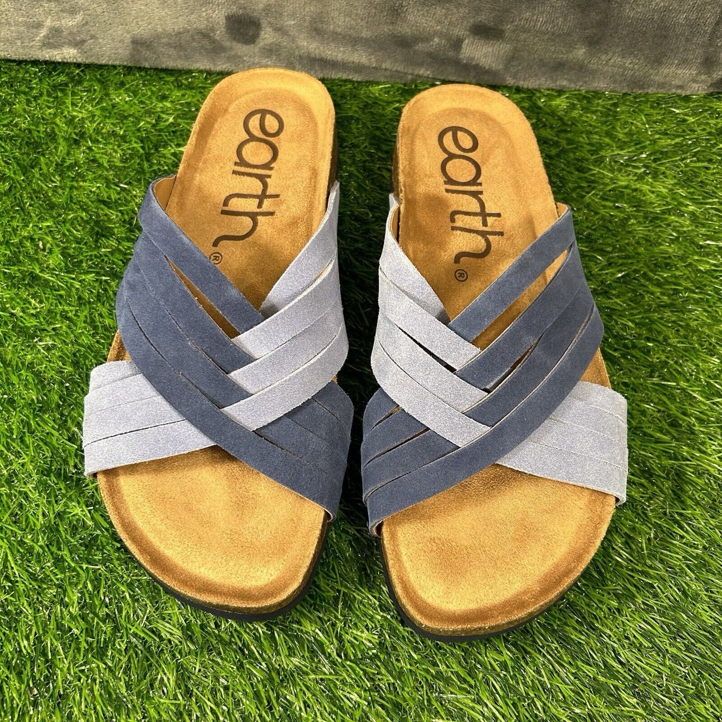 Earth Sandals Womens 9 M Blue Suede Slides Crossband Slip On Casual Comfort