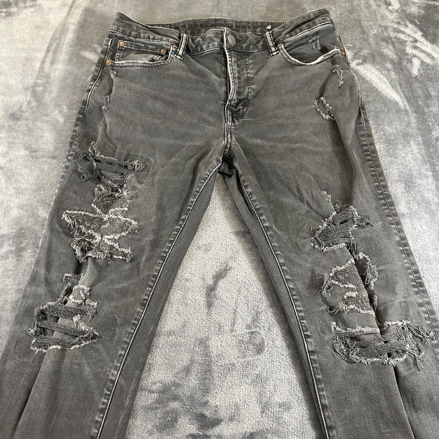 American Eagle Jeans Mens 32x32" Black Straight Denim Pants Distressed Ripped