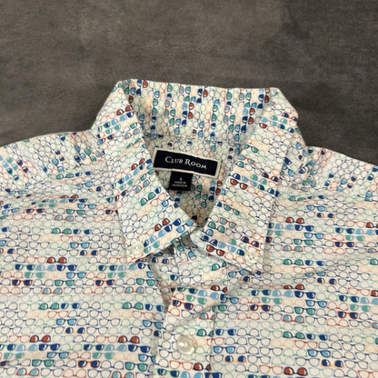 Club Room Shirt Mens Large White Glasses Graphic Button Up Short Sleeve AOP