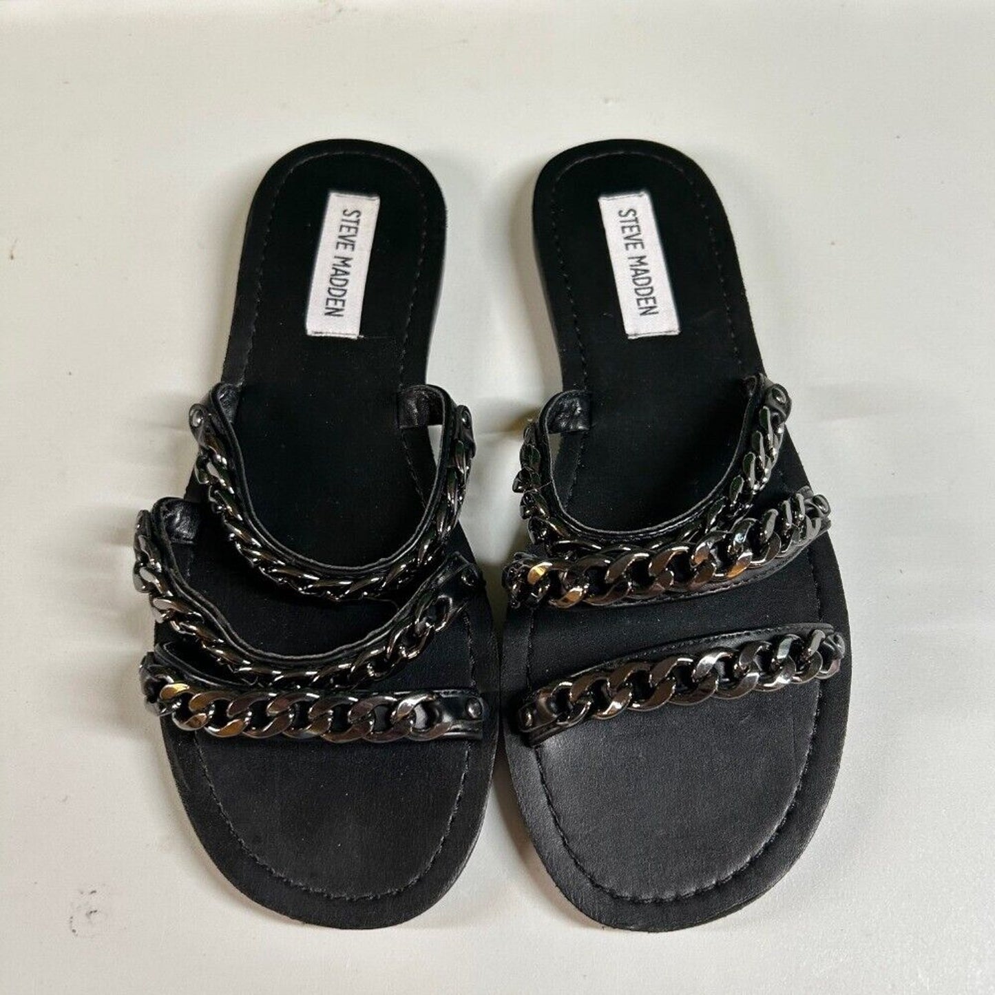 Steve Madden Edged Chain Embellished Slide Sandals Black 3 Strap Womens 7.5